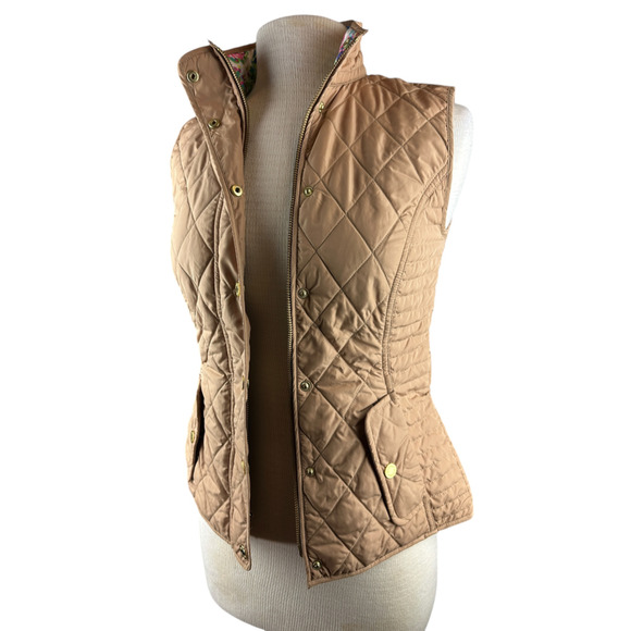 Lilly Pulitzer Quilted Vest Full Zip Up Snap Tan Printed Lining Women's Size XS - Picture 8 of 13